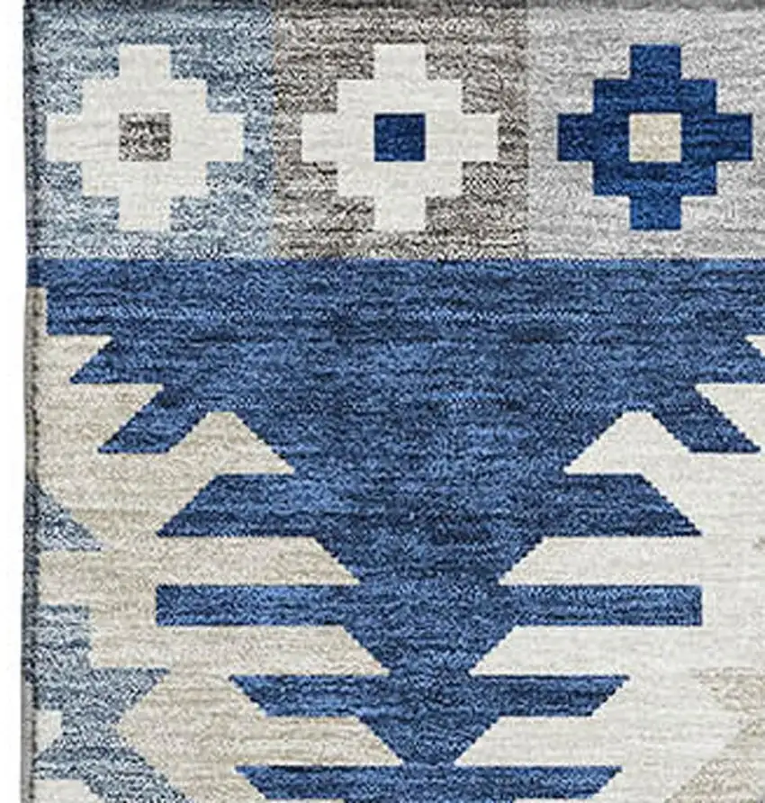 Navy Blue Ivory And Gray Southwestern Washable Area Rug With UV Protection Photo 3