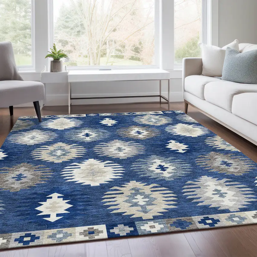 Navy Blue Ivory And Gray Southwestern Washable Area Rug With UV Protection Photo 5