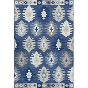 Photo of Navy Blue Ivory And Gray Southwestern Washable Area Rug With UV Protection