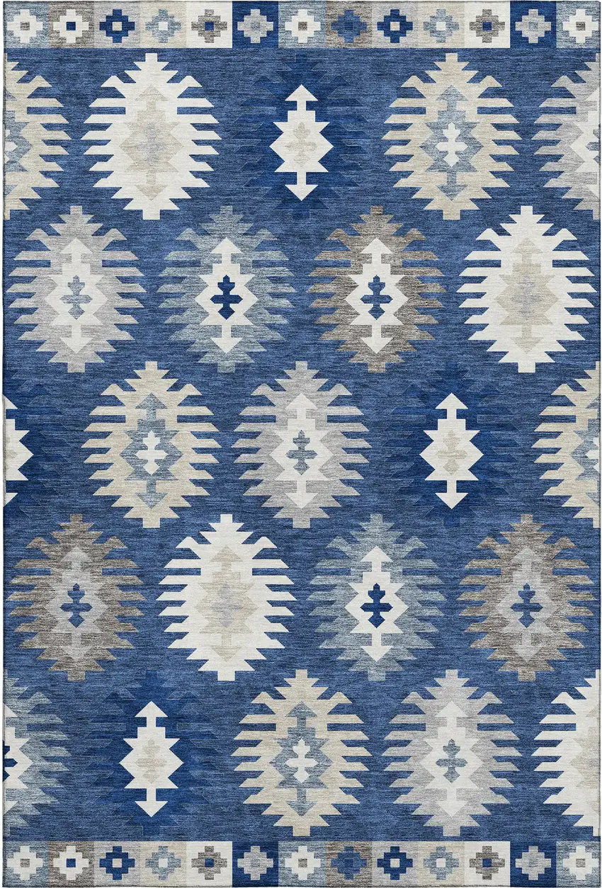 Navy Blue Ivory And Gray Southwestern Washable Area Rug With UV Protection Photo 1