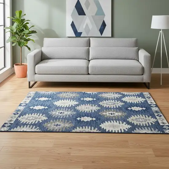 Navy Blue Ivory And Gray Southwestern Washable Area Rug With UV Protection Photo 2