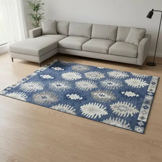 Navy Blue Ivory And Gray Southwestern Washable Area Rug With UV Protection Photo 2