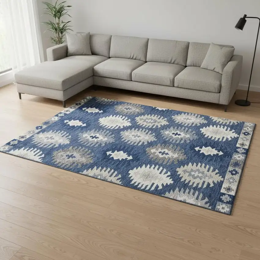 Navy Blue Ivory And Gray Southwestern Washable Area Rug With UV Protection Photo 2