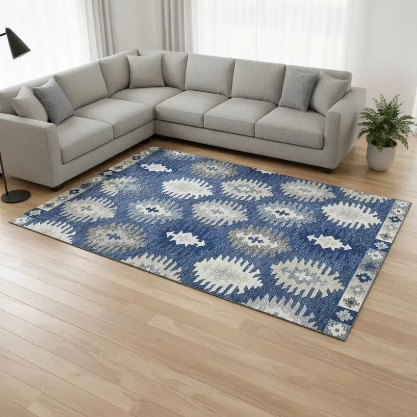 Navy Blue Ivory And Gray Southwestern Washable Area Rug With UV Protection Photo 2