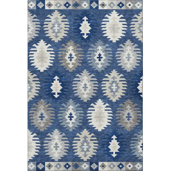 Navy Blue Ivory And Gray Southwestern Washable Area Rug With UV Protection Photo 3