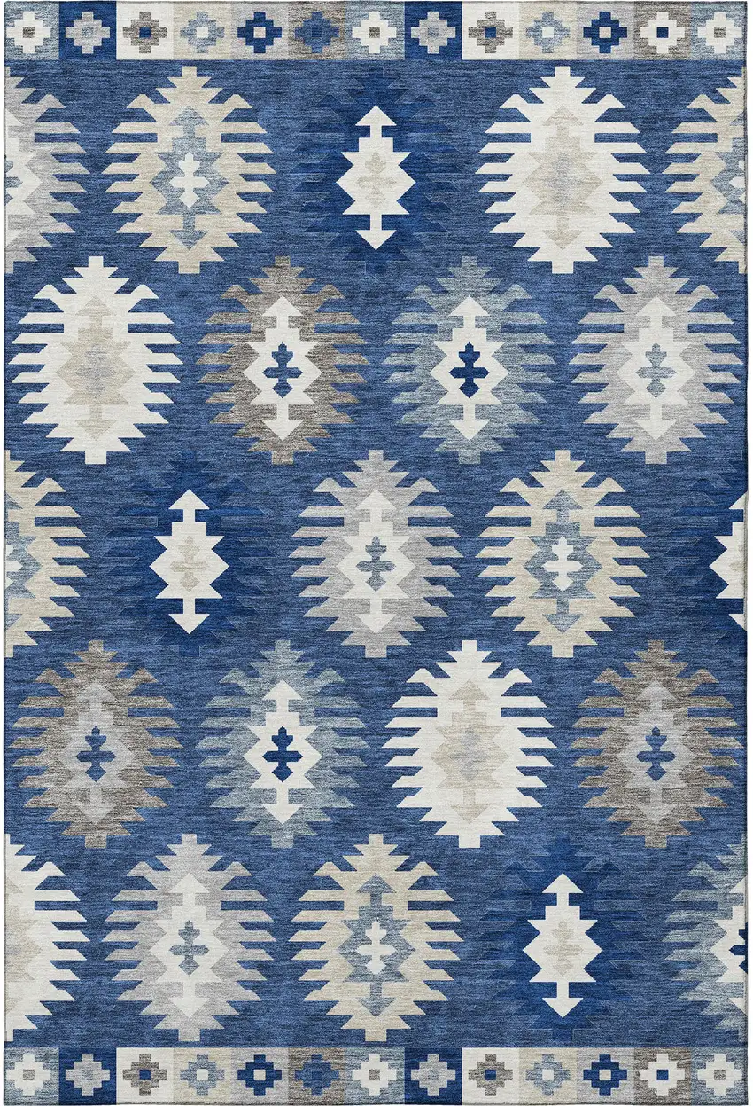 Navy Blue Ivory And Gray Southwestern Washable Area Rug With UV Protection Photo 3