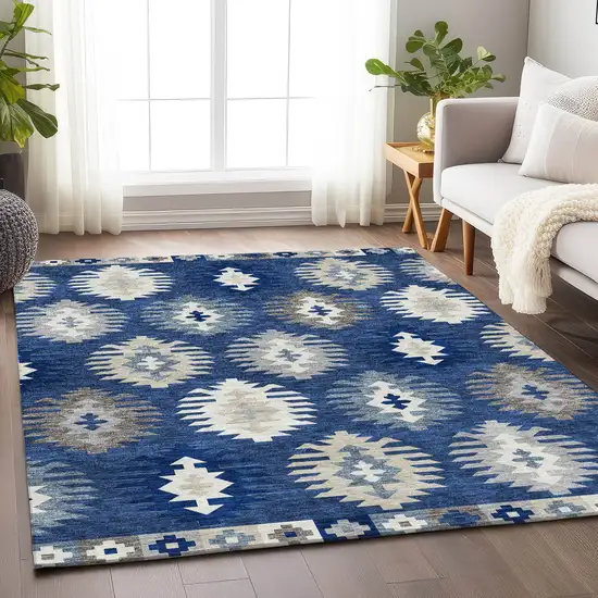 Navy Blue Ivory And Gray Southwestern Washable Area Rug With UV Protection Photo 4