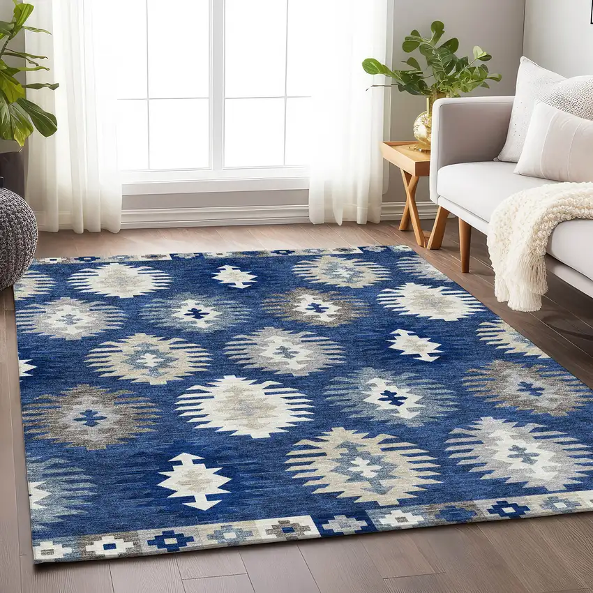 Navy Blue Ivory And Gray Southwestern Washable Area Rug With UV Protection Photo 4