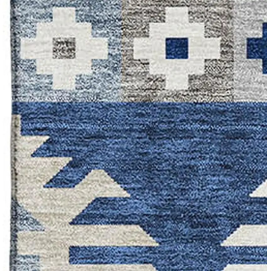 Navy Blue Ivory And Gray Southwestern Washable Area Rug With UV Protection Photo 2