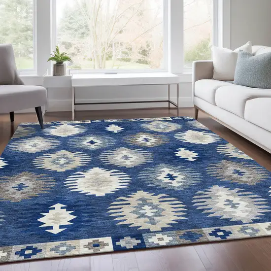 Navy Blue Ivory And Gray Southwestern Washable Area Rug With UV Protection Photo 5