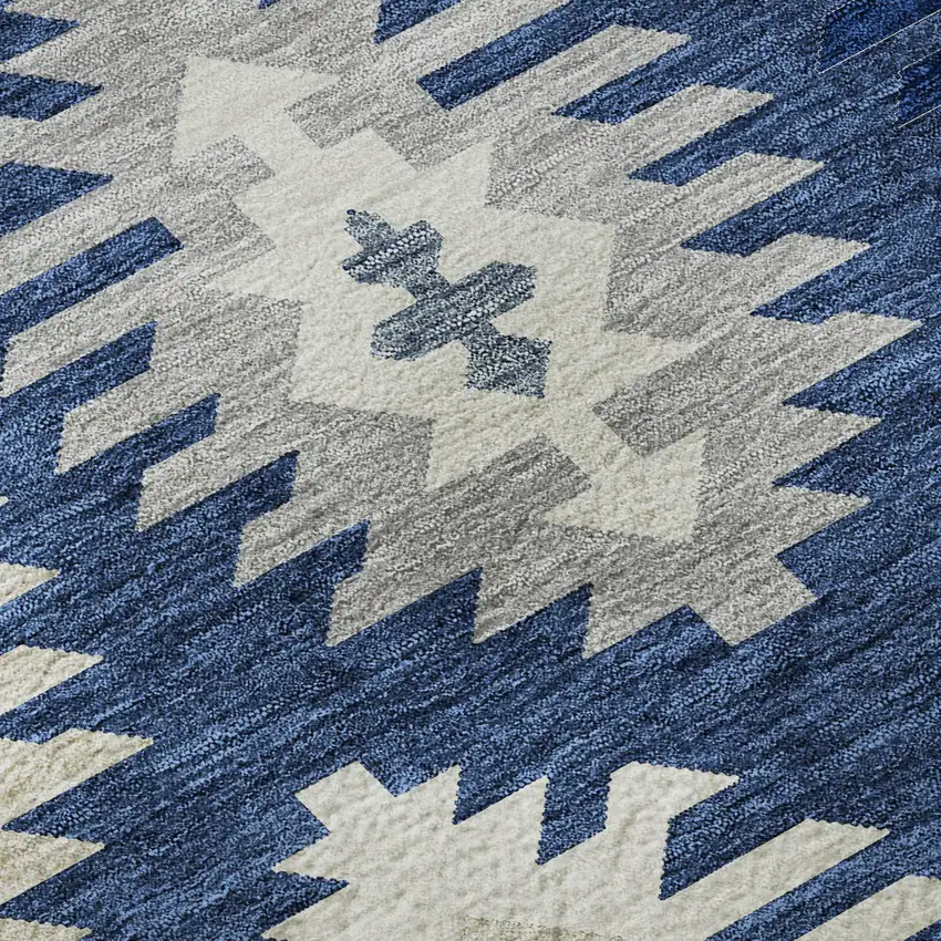 Navy Blue Ivory And Gray Southwestern Washable Area Rug With UV Protection Photo 9