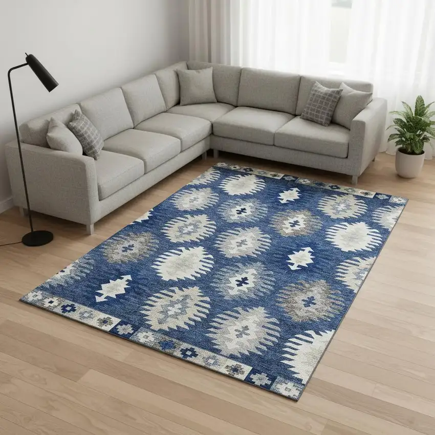 Navy Blue Ivory And Gray Southwestern Washable Area Rug With UV Protection Photo 2