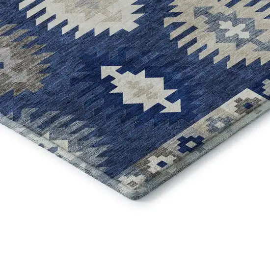 Navy Blue Ivory And Gray Southwestern Washable Area Rug With UV Protection Photo 8
