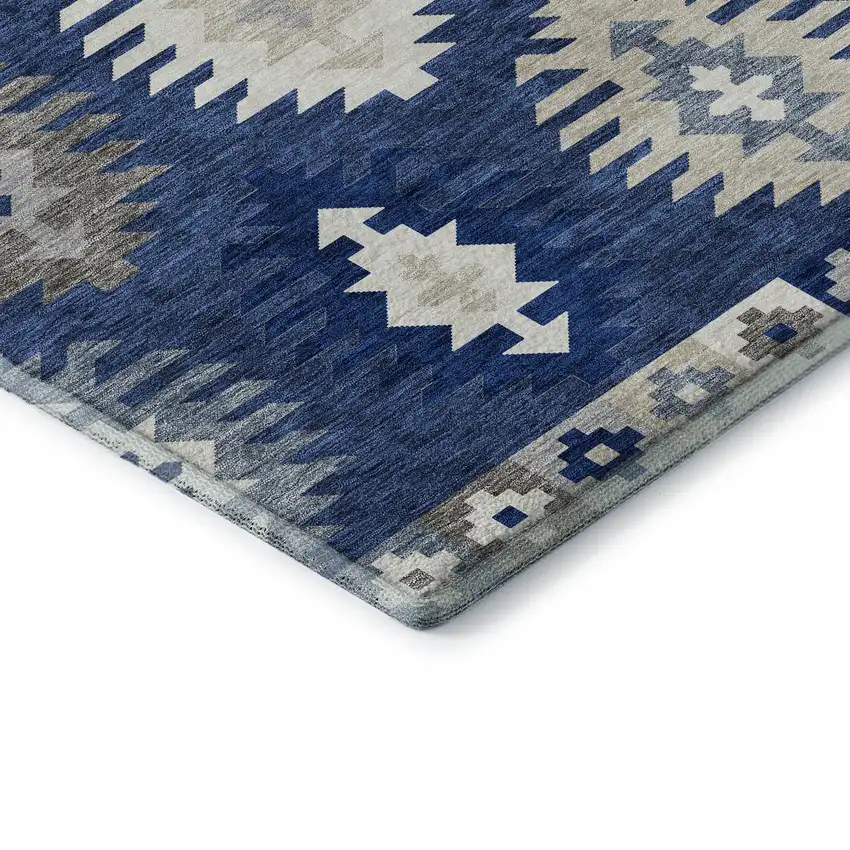Navy Blue Ivory And Gray Southwestern Washable Area Rug With UV Protection Photo 8