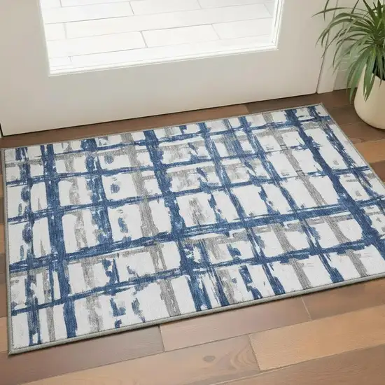 Navy Blue Ivory And Gray Striped Washable Area Rug With UV Protection Photo 2