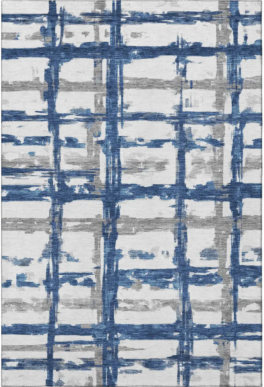 Navy Blue Ivory And Gray Striped Washable Area Rug With UV Protection Photo 4