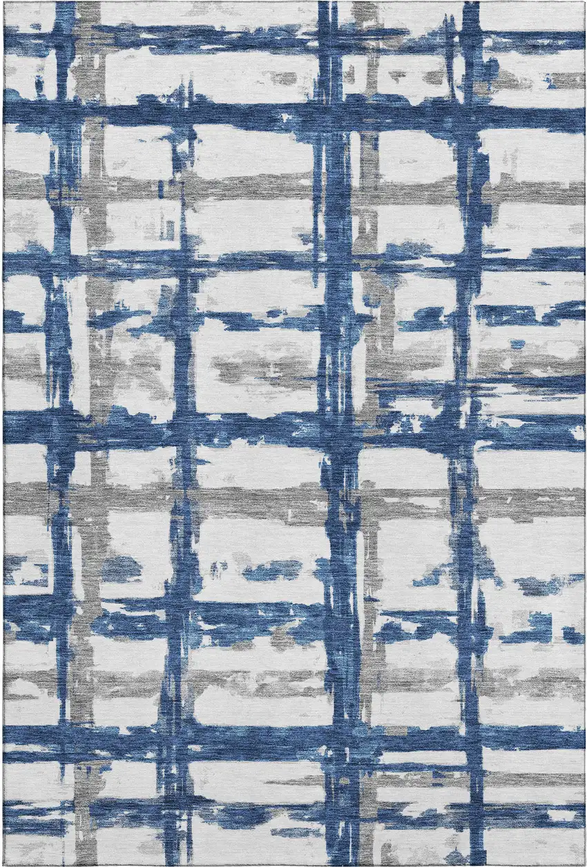 Navy Blue Ivory And Gray Striped Washable Area Rug With UV Protection Photo 1