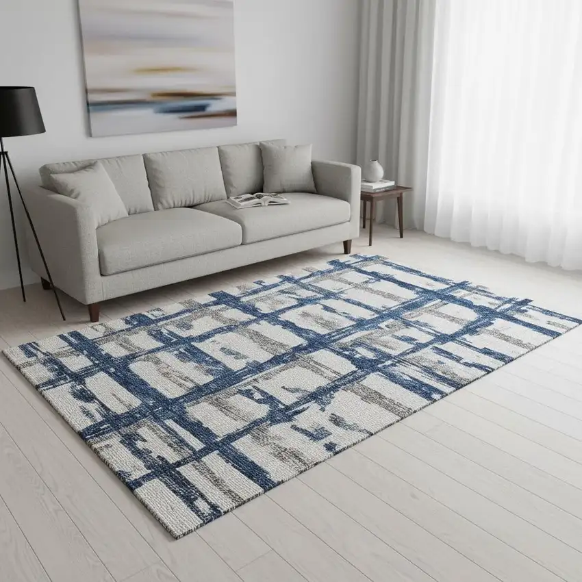 Navy Blue Ivory And Gray Striped Washable Area Rug With UV Protection Photo 2