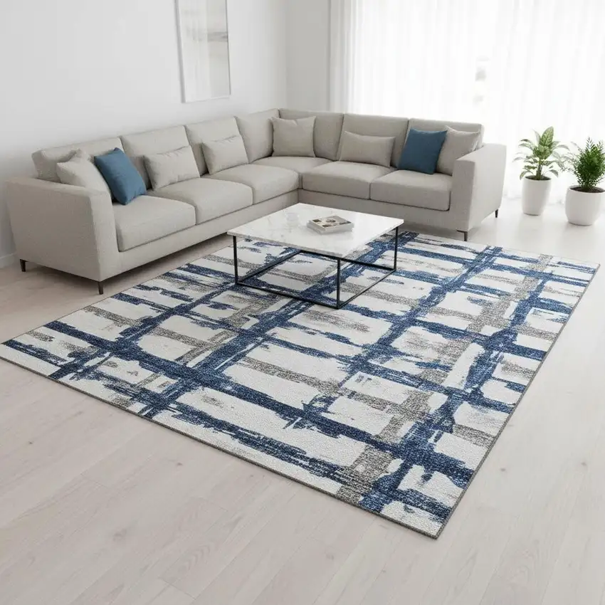 Navy Blue Ivory And Gray Striped Washable Area Rug With UV Protection Photo 2