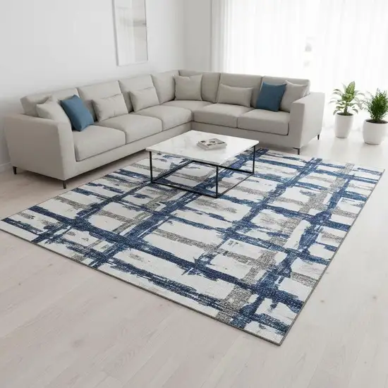 Navy Blue Ivory And Gray Striped Washable Area Rug With UV Protection Photo 2