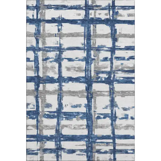 Navy Blue Ivory And Gray Striped Washable Area Rug With UV Protection Photo 1