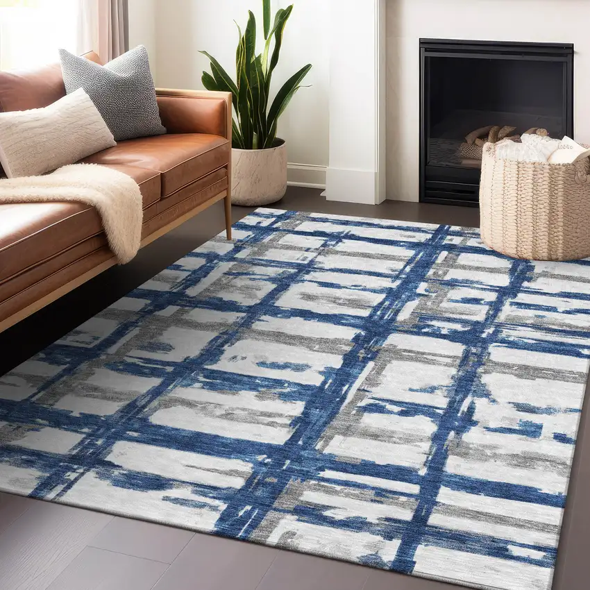 Navy Blue Ivory And Gray Striped Washable Area Rug With UV Protection Photo 6