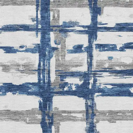 Navy Blue Ivory And Gray Striped Washable Area Rug With UV Protection Photo 3