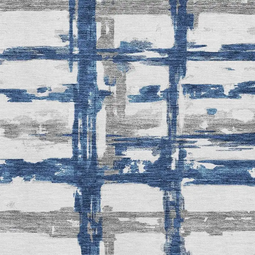 Navy Blue Ivory And Gray Striped Washable Area Rug With UV Protection Photo 3