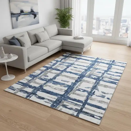 Navy Blue Ivory And Gray Striped Washable Area Rug With UV Protection Photo 2