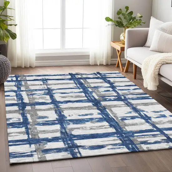 Navy Blue Ivory And Gray Striped Washable Area Rug With UV Protection Photo 5