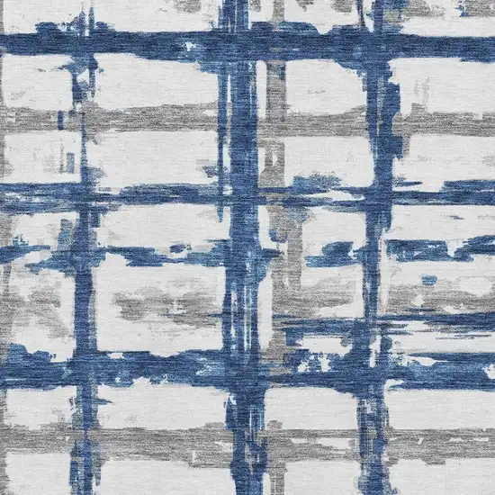Navy Blue Ivory And Gray Striped Washable Area Rug With UV Protection Photo 4