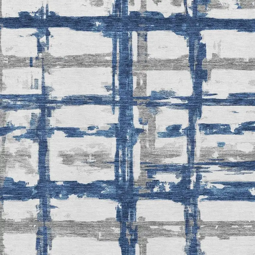 Navy Blue Ivory And Gray Striped Washable Area Rug With UV Protection Photo 4