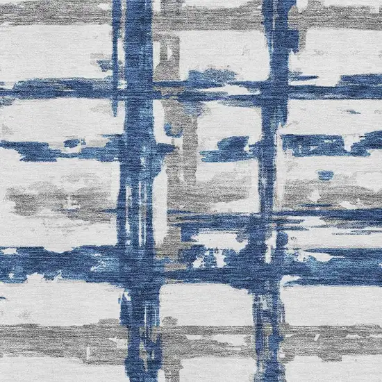 Navy Blue Ivory And Gray Striped Washable Area Rug With UV Protection Photo 3