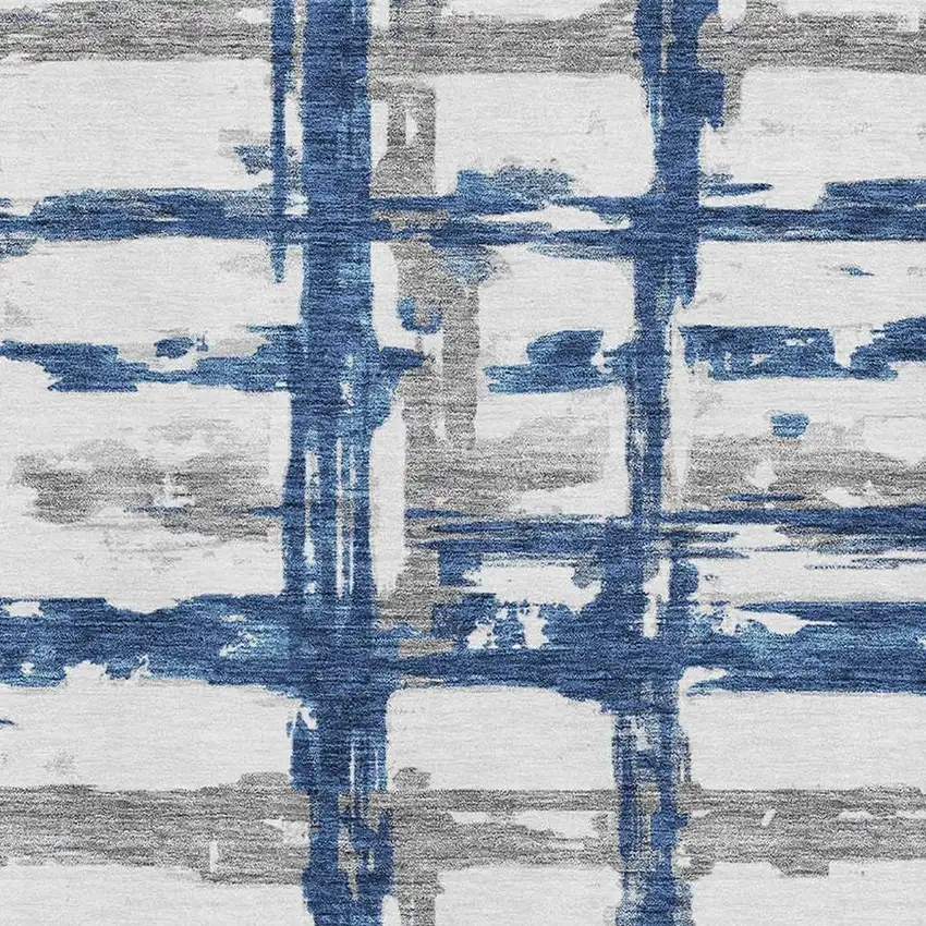 Navy Blue Ivory And Gray Striped Washable Area Rug With UV Protection Photo 3