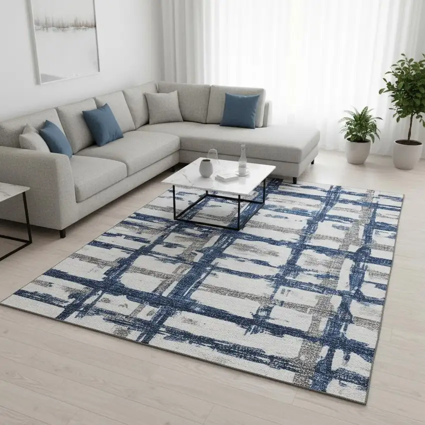 Navy Blue Ivory And Gray Striped Washable Area Rug With UV Protection Photo 2