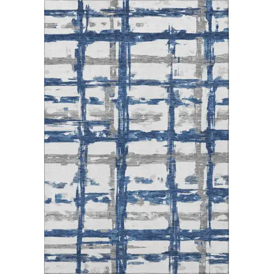 Navy Blue Ivory And Gray Striped Washable Area Rug With UV Protection Photo 3