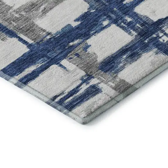 Navy Blue Ivory And Gray Striped Washable Area Rug With UV Protection Photo 7