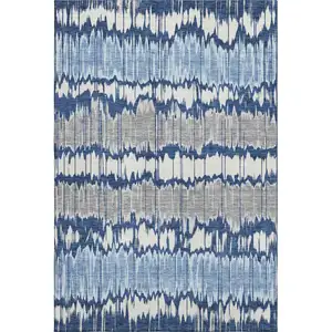 Photo of Navy Blue Ivory And Gray Striped Washable Area Rug With UV Protection