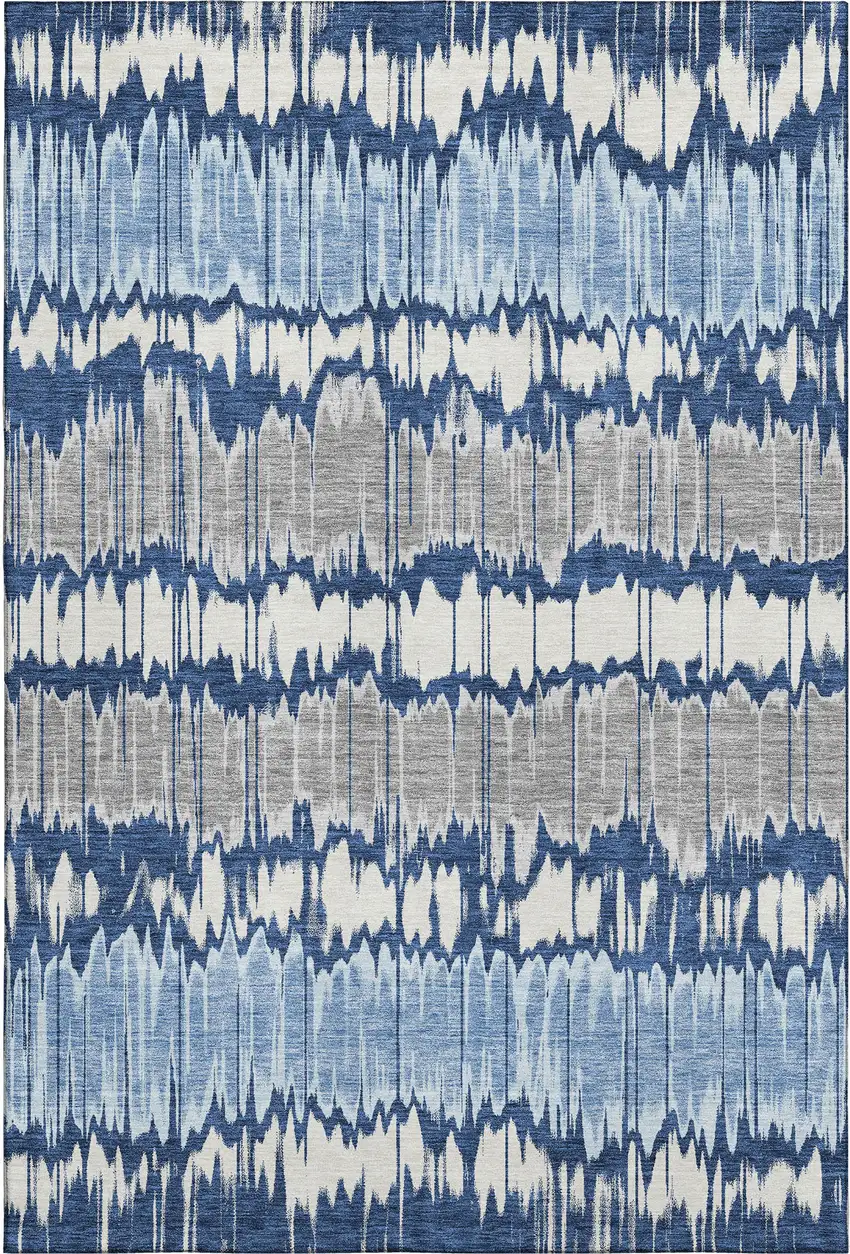 Navy Blue Ivory And Gray Striped Washable Area Rug With UV Protection Photo 1