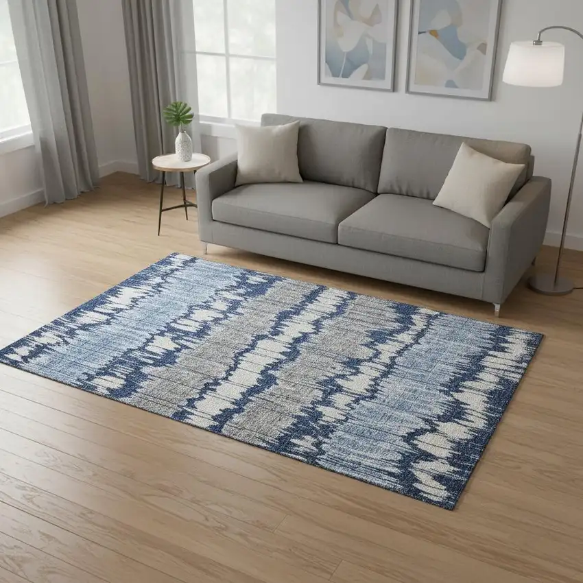 Navy Blue Ivory And Gray Striped Washable Area Rug With UV Protection Photo 2