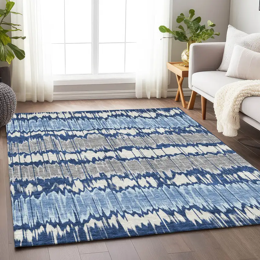 Navy Blue Ivory And Gray Striped Washable Area Rug With UV Protection Photo 5