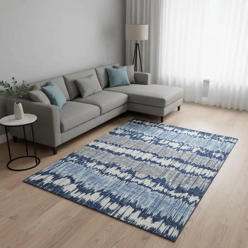 Navy Blue Ivory And Gray Striped Washable Area Rug With UV Protection Photo 2