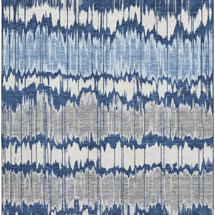 Navy Blue Ivory And Gray Striped Washable Area Rug With UV Protection Photo 3