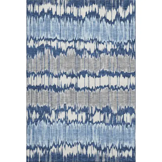 Navy Blue Ivory And Gray Striped Washable Area Rug With UV Protection Photo 1