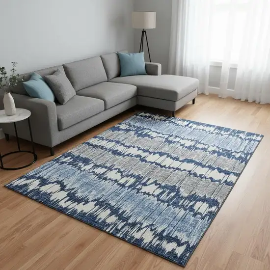 Navy Blue Ivory And Gray Striped Washable Area Rug With UV Protection Photo 2