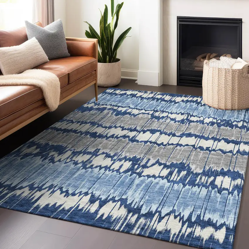 Navy Blue Ivory And Gray Striped Washable Area Rug With UV Protection Photo 6