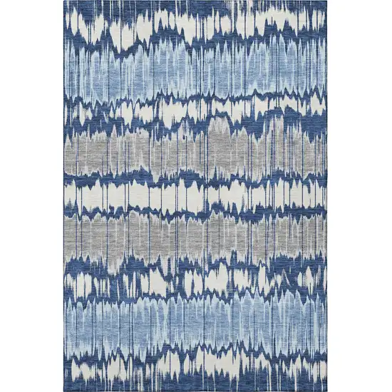 Navy Blue Ivory And Gray Striped Washable Area Rug With UV Protection Photo 4