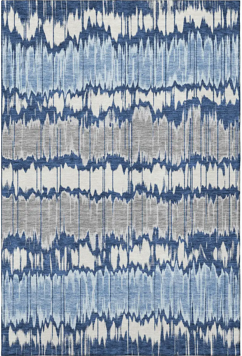 Navy Blue Ivory And Gray Striped Washable Area Rug With UV Protection Photo 4