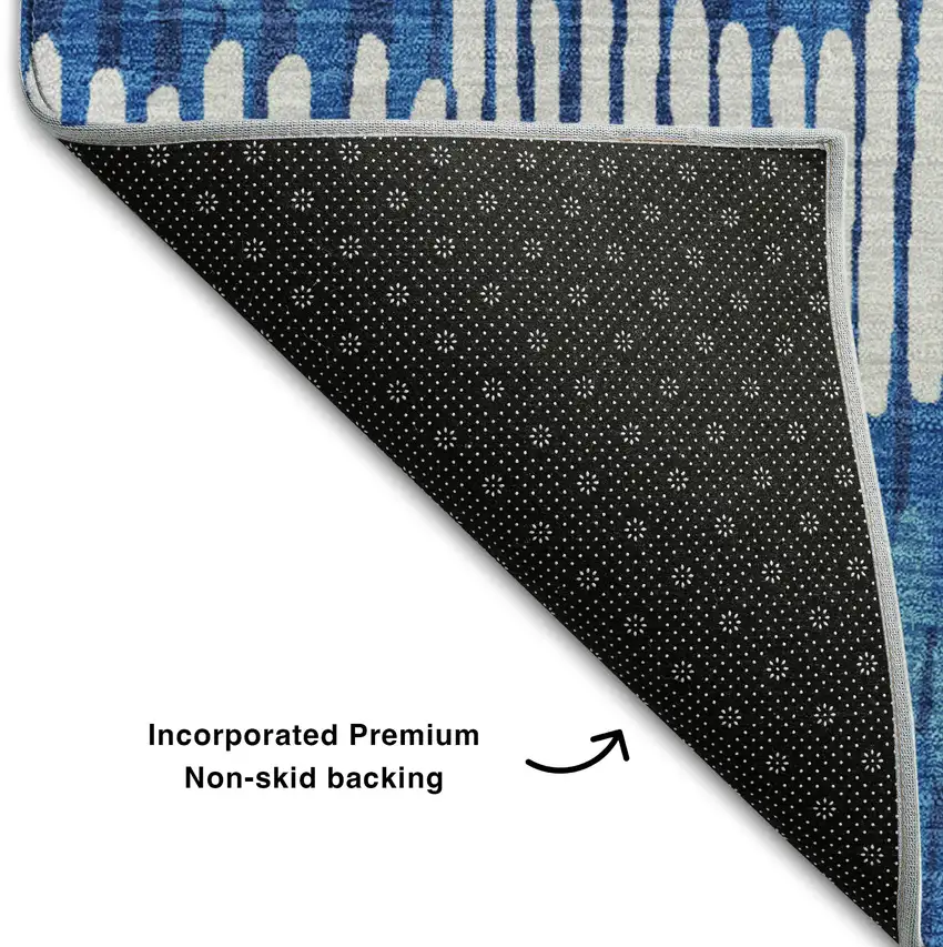 Navy Blue Ivory And Gray Striped Washable Area Rug With UV Protection Photo 6