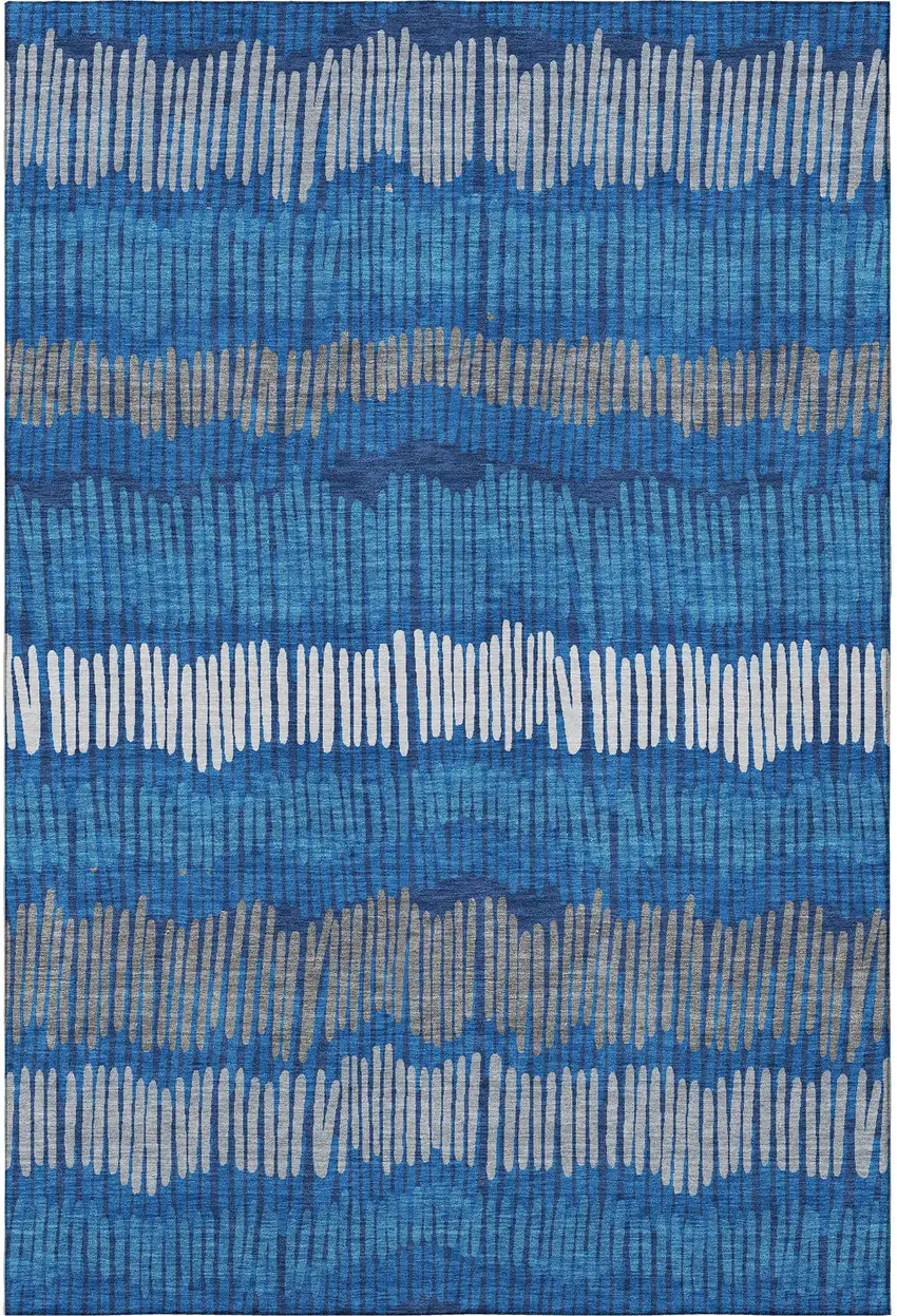 Navy Blue Ivory And Gray Striped Washable Area Rug With UV Protection Photo 3